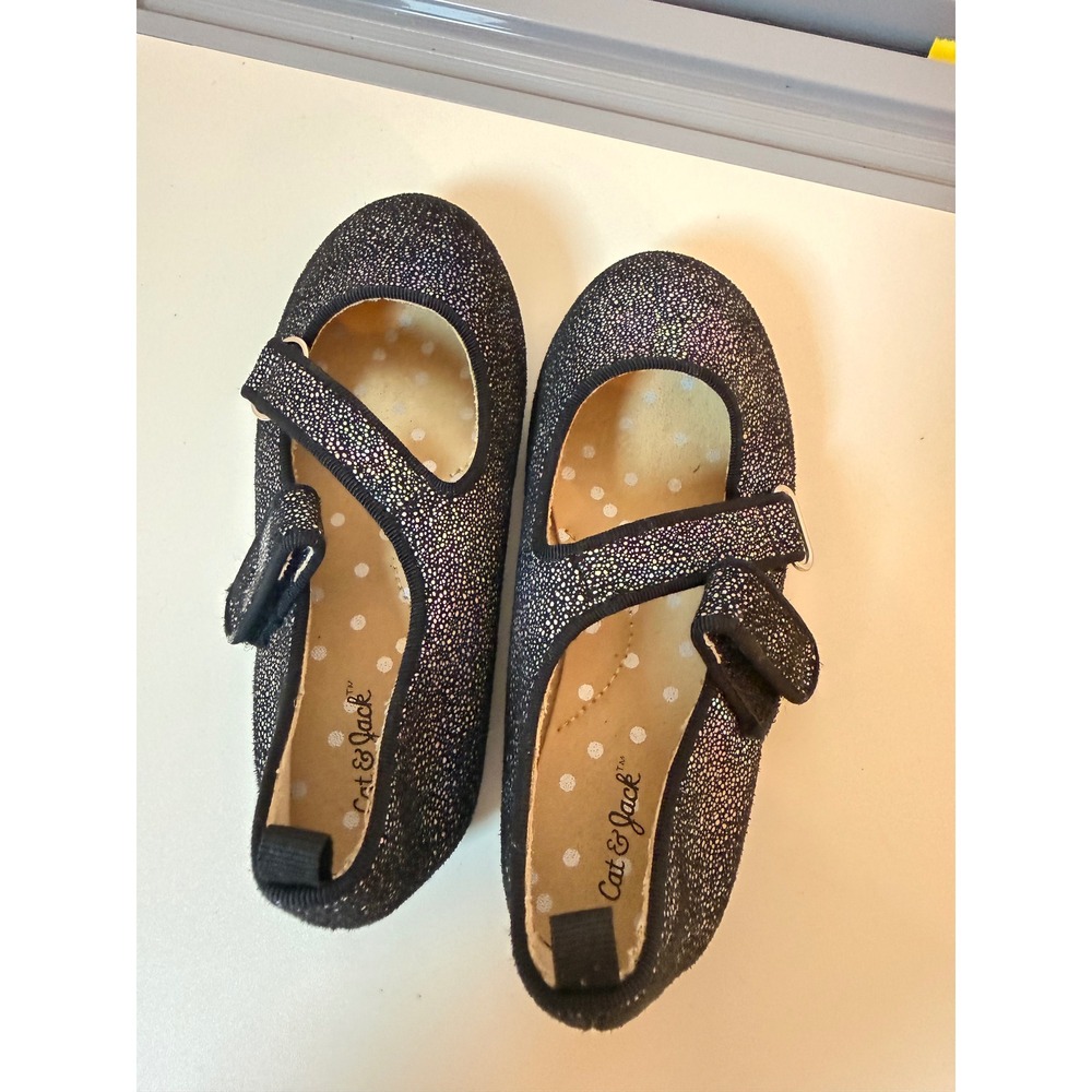 Cat and Jack Mary Jane Flats Kids Size 9 Black Iridescent Sparkle Shimmer Shoes